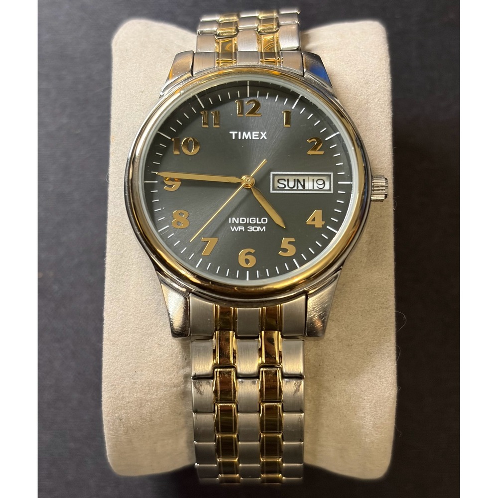 Timex Indiglo Watch Mens OS Two-Tone Grey Dial Day Date Classic Timepiece